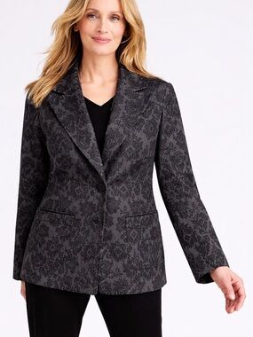J Jill Navy Sz M Floral Tapestry Black Button Up Jacquard Jacket Blazer